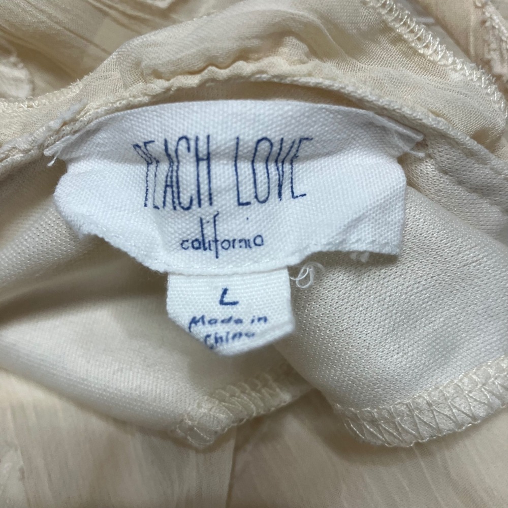 Peach Love California Cream Embroidered Leaf Smocked Tiered Mini Dress L Peasant - Picture 3 of 11